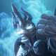 A mostly blue illustration of World of Warcraft's Lich King with his fist closed.